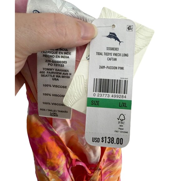 Tommy Bahama Tidal Tie Dye V-Neck Long Caftan L XL Pink Cover Up Tassel Beach - Picture 14 of 14